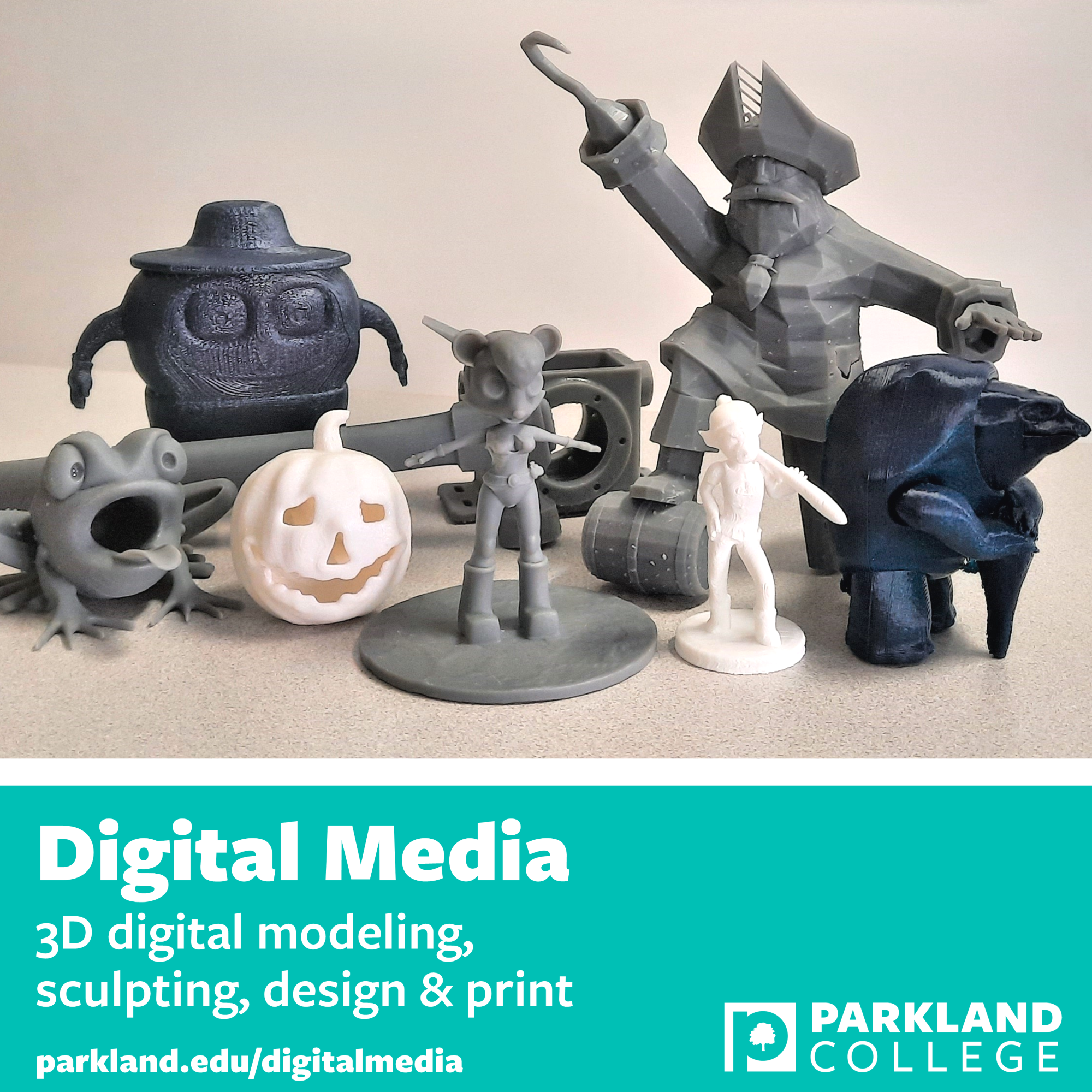 3D printed figures with the words "Digital Media - 3D digital modeling, sculpting, design & print"