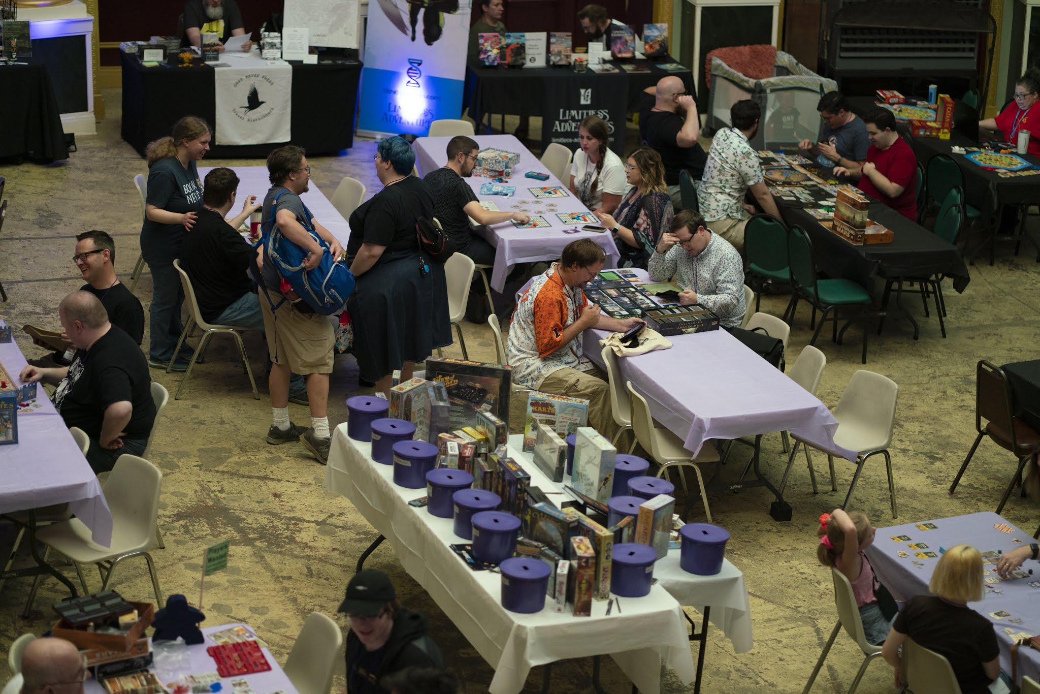 Birds eye view of people playing games at the 2019 convention