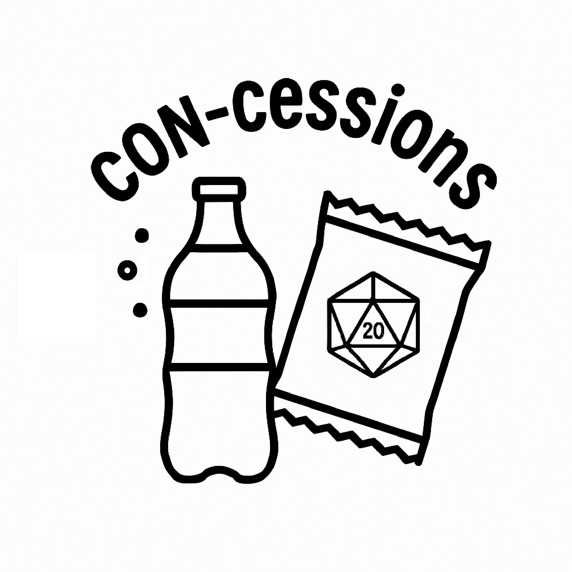 CON-cessions above a soda bottle and a snack back with a D20 on it